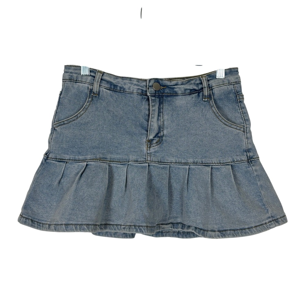 Denim Skort Junior Large Blue Pleated Ruffle Mini Y2K Coquette Summer Casual